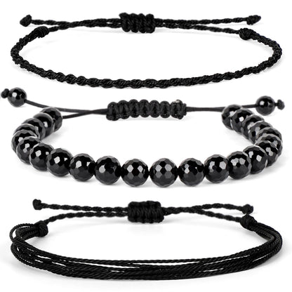 QOGIR Handmade Healing Bracelets,8mm Natural Faceted Black Onyx Gem Stone Beads Bracelet for Men Women Gifts with 2PCS Size Adjustable Rope Bracelets