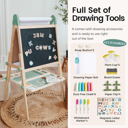 Tiny Land Easel for Kids, Double-Sided Magnetic Easel with Drawing Accessories, Adjustable Wooden Kids Art Easel with Paper Roll, Learning-Toy for 3,4,5,6,7,8 Years Old Boy & Girls Green