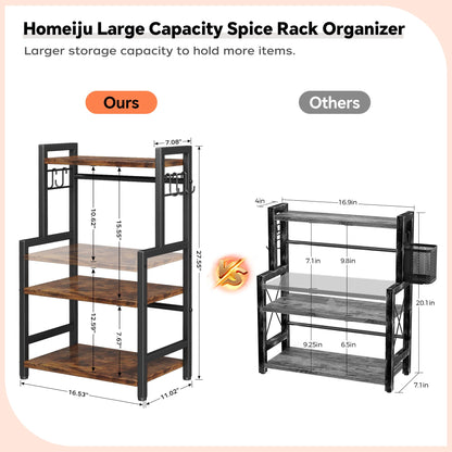 Kitchen Countertop Organizer,3 Tier Large Spice Rack Organizer with Adjustable Shelf and 5 Hooks,Wooden Counter Organizer,Space Saving Countertop Shelf Microwave Stand for Kitchen,Bathroom,Coffee Bar