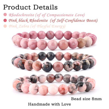 CMBYN 3-Pieces 8mm Natural Crystal Gemstone – ﻿Rhodochrosite, Pink Zebra, Pink Black Rhodonite Handmade Reiki Energy Healing Stretch Bracelets Jewelry for Yoga, Meditation, Unisex