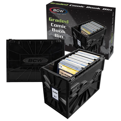BCW Graded Comic Book Bin with Partition – Black (2 Pack) | Holds 30 Graded Comics | Stackable Comic Book Box Storage for CGC, CBCS & Slabs