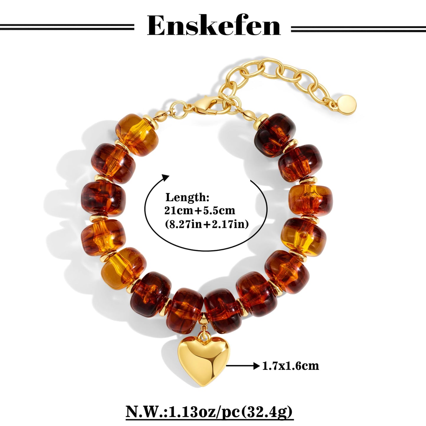 ENSKEFEN Brown Beaded Bracelets for Women Trendy Gold Heart Charm Bracelet Chunky Acrylic Resin Beads Bracelet Summer Vintage Statement Bracelets