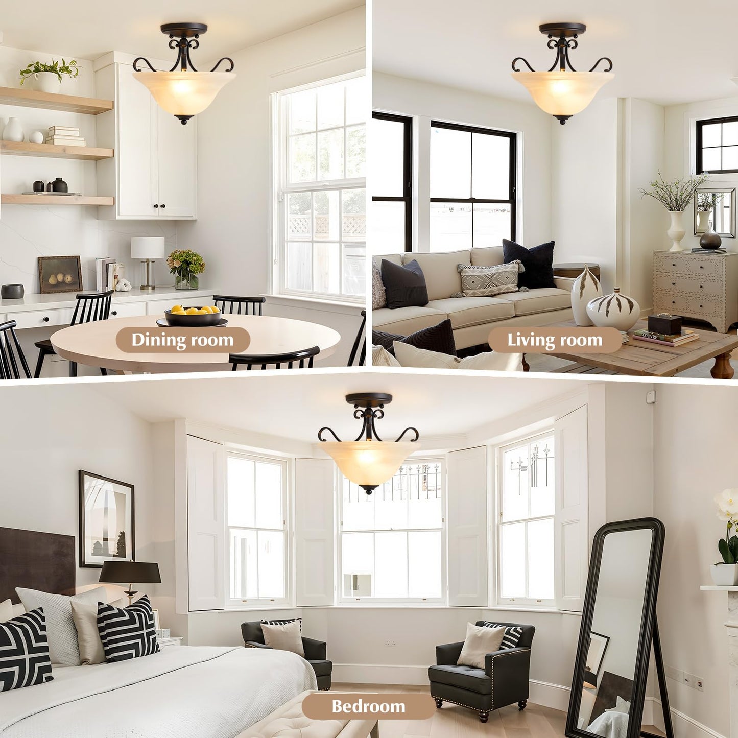 Luvkczc 12" Retro Semi Flush Mount Ceiling Light,Black Ceiling Light Fixture, Mid Century Ceiling Light Modern Glass Close to Ceiling Light for Bedroom Kitchen Porch Hallway,Bulbs Not Included