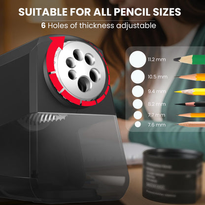 Aurbuex Heavy Duty Electric Pencil Sharpener – 6-Hole for 6-12mm Pencils, Auto Start/Stop, Fast 4s Sharpening, Zinc Alloy Blade, 10,000+ Sharpenings – Ideal for Classroom, Office & Art Use(S260)