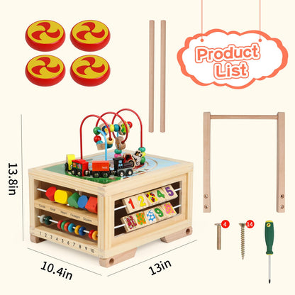 Wooden Activity Cube 7-in-1 Montessori Toys for 1+ Year Old Boys Girls Educational Learning Toys for Toddlers Age 1-2 One Year Old First Birthday Gift Bead Maze Magnetic Trains Track Shape Sorter
