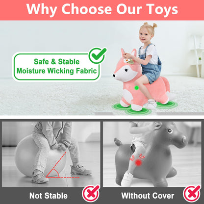 iPlay, iLearn Bouncy Pals Hopping Fox Horse, Toddler Girl Inflatable Bouncing Animal Hopper Toy, Outdoor Indoor Plush Ride on Bouncer, Baby Birthday Gift 18 Month 2 3 4 Year Old Kid - Fox
