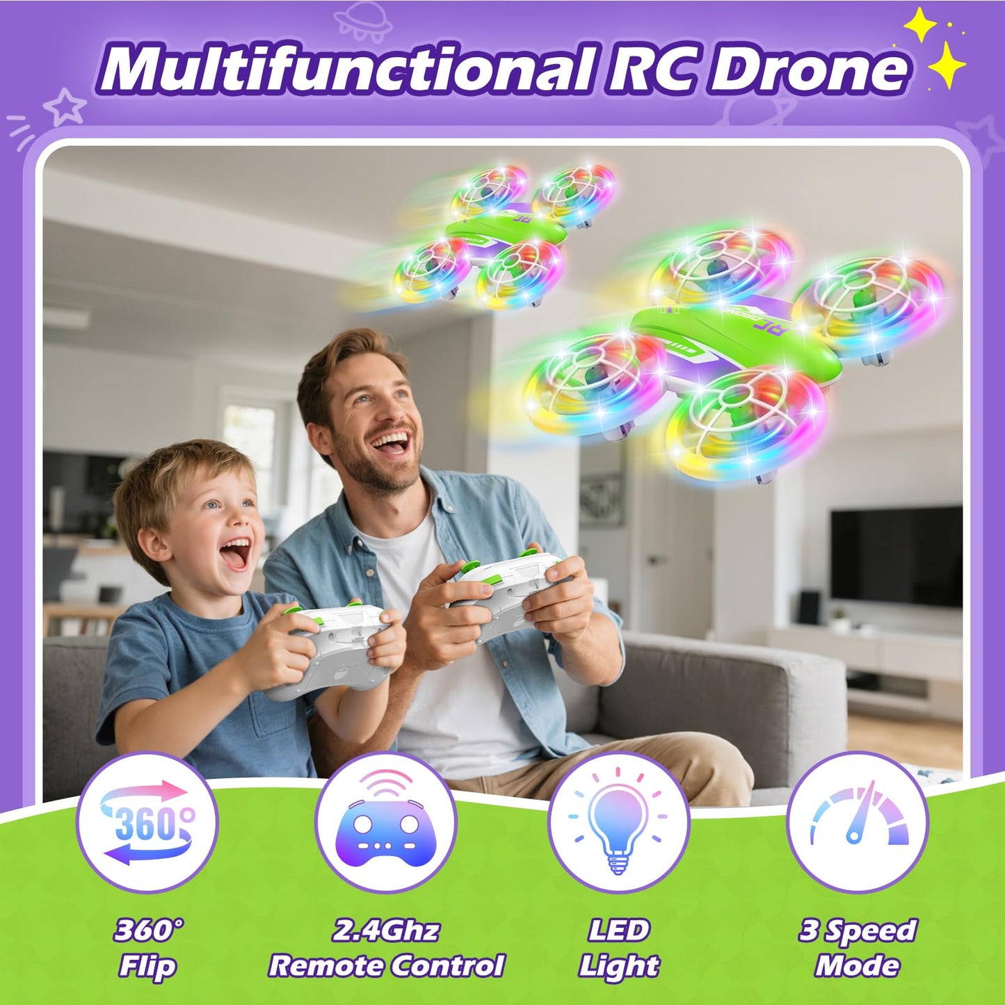 LED RC Drone for Kids 6+, Christmas Birthday Gift for Boys & Girls with Remote Batteries, 360° Flip, High Speed Mode, 45 Min Flight Indoor and Outdoor Flying Toy - GreenPurple
