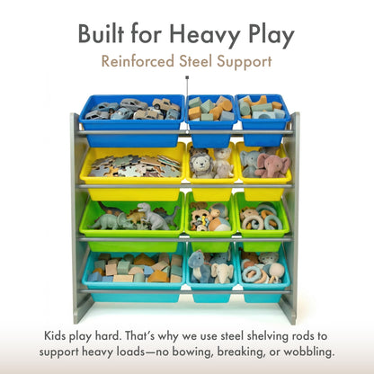 Humble Crew Toy Storage Organizer with 12 Removable Storage Bins for Kids Playroom, 4-Tier Toddler Toy Organization, Grey/Blue/Green/Yellow