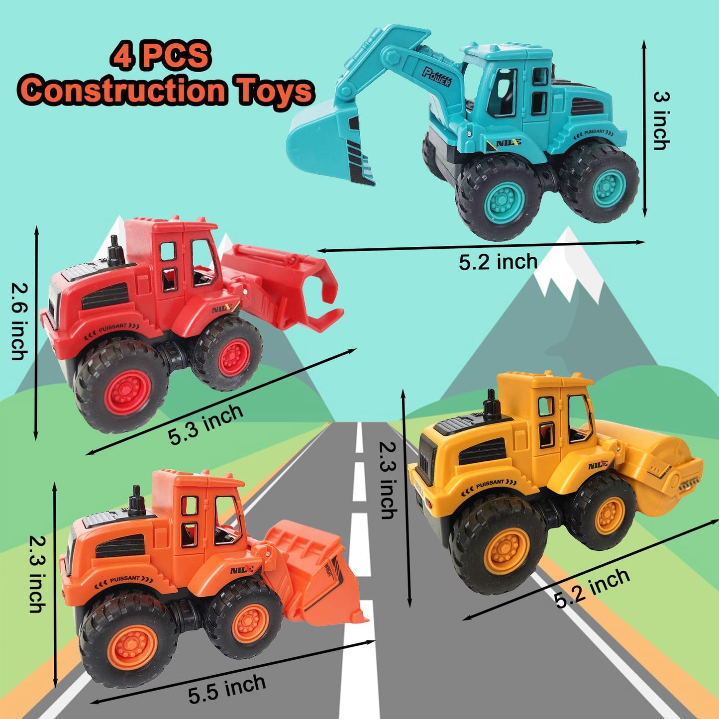 exinddea 4PCS Construction Toys,Friction Powered Construction Truck Toys Vehicles,Mini Construction Vehicles Toys Sand Truck Toys,Bulldozer Excavator Roller Truck Toys Gift for Kids Boys Girls