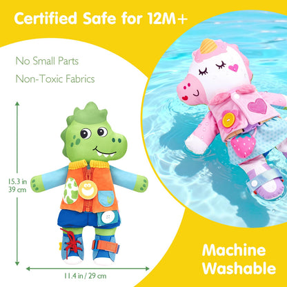 hahaland 2-in-1 Montessori Plush Busy Doll for Toddlers 1-3, Reversible Unicorn & Dinosaur Educational Learn to Dress Doll with 15+ Buckle, Snap & Dressing Skills, Toddler Gifts for 2 Years and Ups