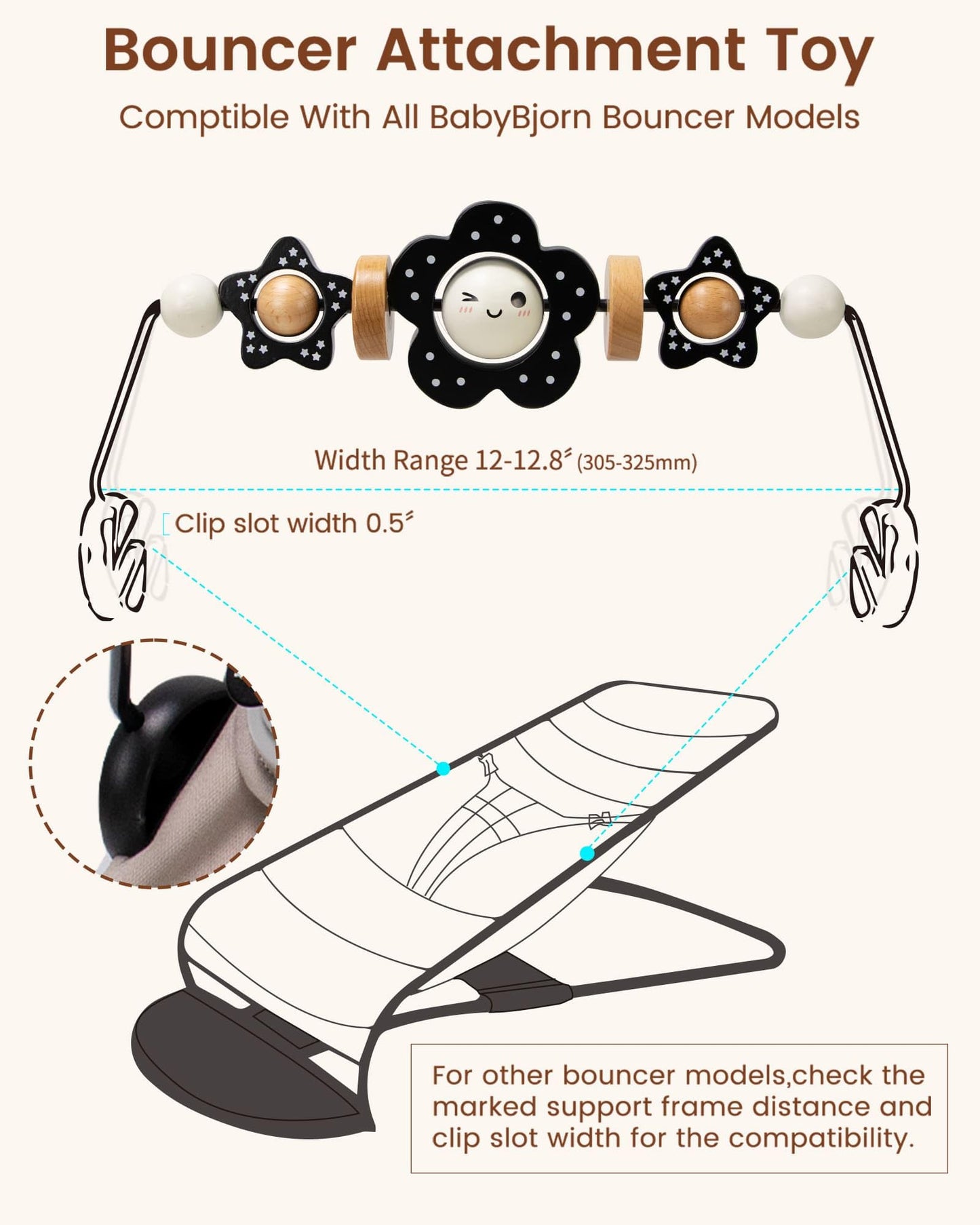 TinlyFinly Baby Bouncer Toy Bar Wooden Compatible with Baby Bjorn Bouncers, Bouncer Toy Attachment Tight and Secure Fit, So Fun to Watch, Touch and Spin for Babies All Ages (Black and White Flower)