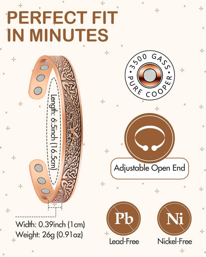 Feraco Copper Bracelet for Women, Ultra Strength Magnetic Bracelets, 99.99% Pure Copper Cuff Bangle with 3500 Gauss Neodymium Magnets, Tree of Life