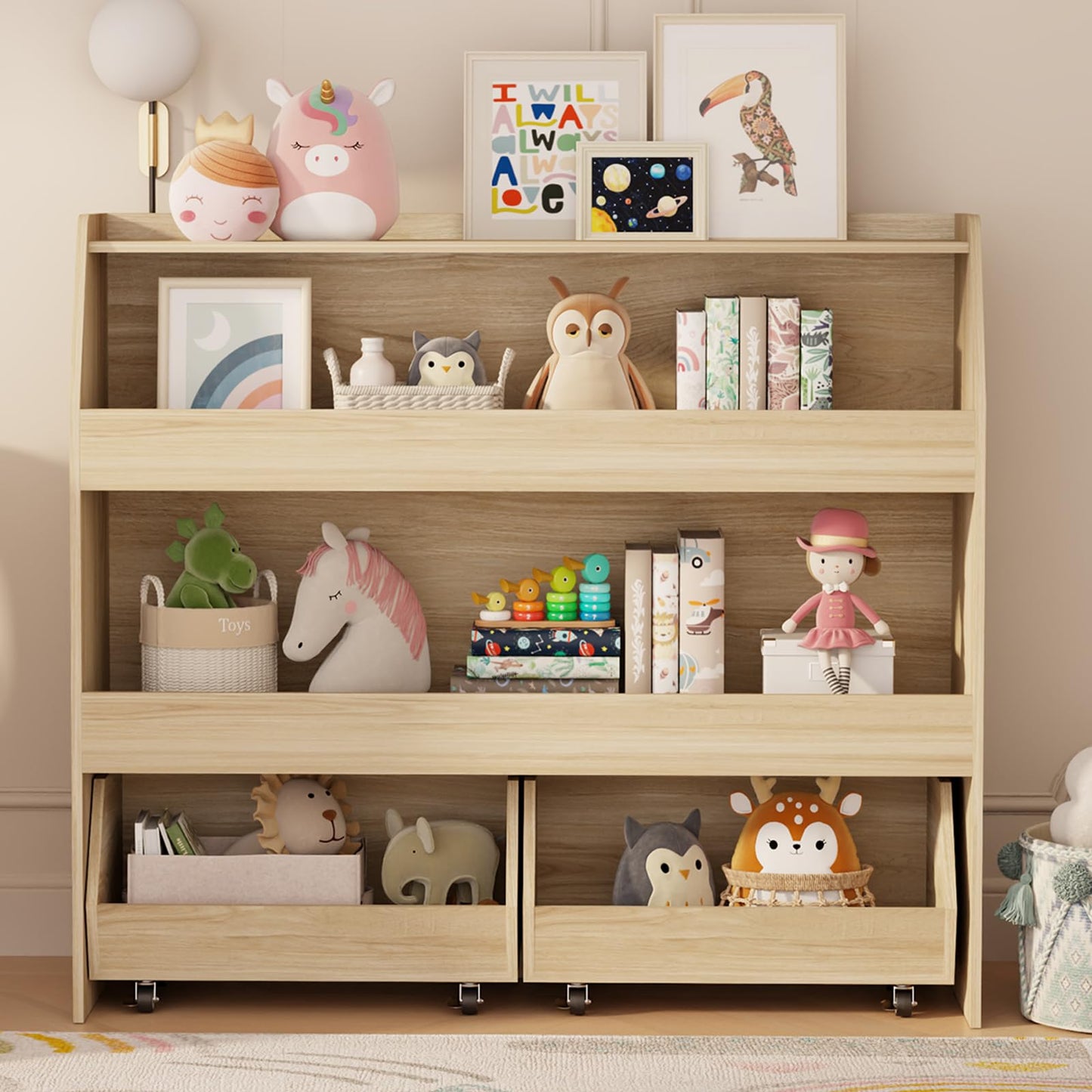 COZPAW Toy Storage Organizer, 3 Tier Montessori Shelf with Movable Bins (Wood)