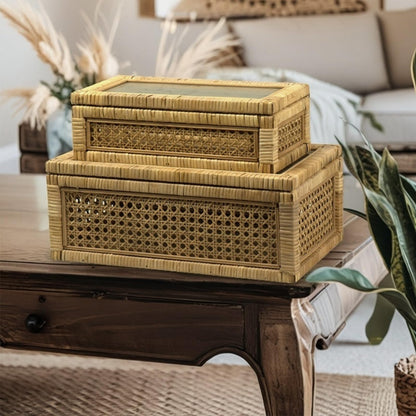 BOMINGHOME Rattan Display Box for Home Decor with Lid - Rectangular Coastal Bohemian Style Stackable Decorative Storage Box Set - Handmade from Natural Rattan, Cedar & Real Glass