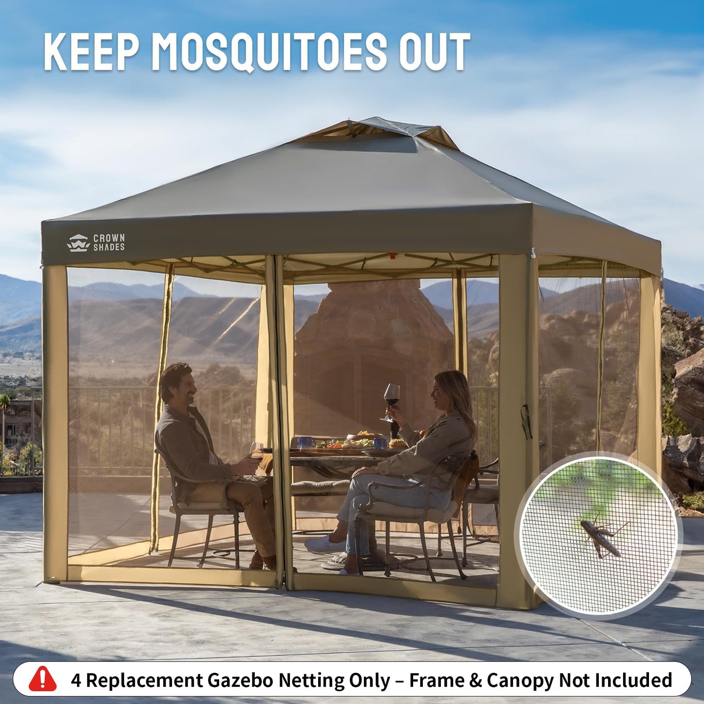 CROWN SHADES Gazebo Mosquito Net Only for 10 x 10 Pop Up Canopy - Patio Gazebo Replacement Mesh Sidewall with Zipper for Outdoor Tent, Garden and Backyard (4-Piece,Khaki)