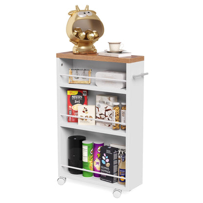 LITTLE TREE 4 Tier Rolling Cart with Wheels, 6.3 Inch Slim Storage Cart, Wooden Snack Cart with Narrow Shelf, White Laundry Room and Bathroom Organizer Shelves