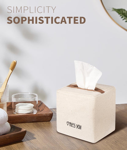 Livelab Tissue Box Cover Square, Chic Canvas Tissue Box Holder with Embroidery Text Decor, Stylish Tissue Case Facial Paper Cube Cover for Your Home, Officce and Bathroom | Ivory