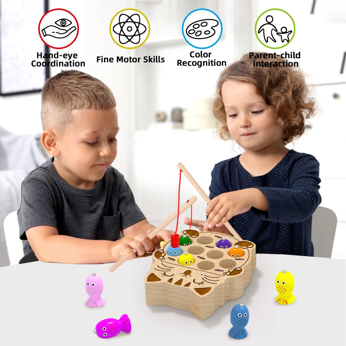 edutree Wooden Magnetic Fishing Game for Toddlers 2-4, Montessori Sensory Busy Board Educational Learning Fine Motor Skills Toys for 2 3 4 Years Old Boys Girls
