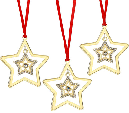 Set of 3 Christmas Hanging Ornaments - Silver Snowflake Star Pawprint Christmas Tree Decor for Xmas Tree Gift Decorative Hanging Ornaments Hanging Pendants (3, Golden Star)