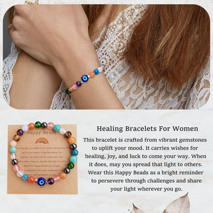 DLYFNVEV Blue Evil Eye Bracelet Triple Protection Healing Crystal Beads Colorful Gemstone for Women Rainbow Good Lucky Natural Stone Charm Boho Bohemian Jewelry empath health Gifts