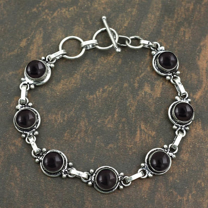 Natural Black Onyx 925 Silver Plated Adjustable Bracelet for Women - July Birthstone Round Gemstone Handmade Bohemian Link Bracelet - Wedding Christmas Valentine Day Gifts for Her