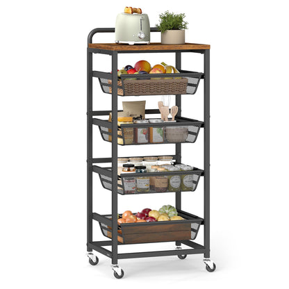 VASAGLE Storage Rolling Cart with Pull-Out Baskets, 5-Tier Utility Cart Orgnizer with Wheels for Laundry Room, Kitchen, Handle, 12.5 x 15.8 x 37.4 Inches, Rustic Brown and Ink Black ULRC041K01