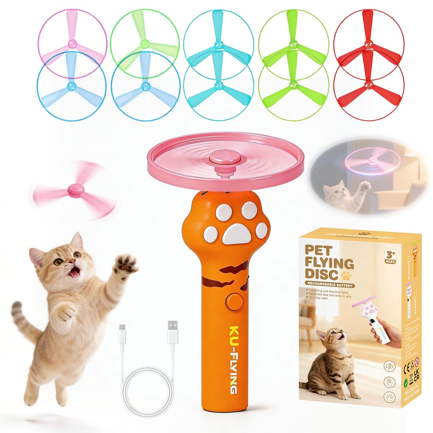 Cat Fetch Toy Launcher,Flying Disc Launcher Toy Rechargeable with 10 Flying Discs,Flying Cat Toy Disc Launcher for Kitten Dog Playing Interactive Hunting Tracking Toys for Outdoor Indoor,Orange