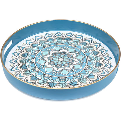 SforGUVA Round Cyan Decorative Tray for Coffee Table, Ottoman, 13” Plastic Serving Platter Tray with Handles for Entertaining, Living Room