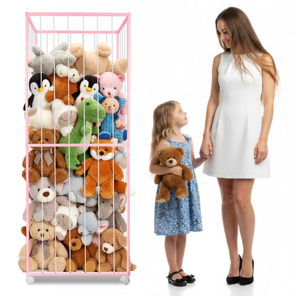 BETBEM Stuffed Animal Storage, Metal Tube Extra Large Toy Storage Organizer with Brake Wheels, Stuffed Animal Holder Zoo Organizer for Nursery Playroom Kids Room Pink(61” x 23.6”x 16.5”)