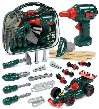 Lehoo Castle Kids Tool Set with Electric Drill & Take Apart Race Car, Construction Toys for Boys 3 4 5 Year Old, STEM Learning Toys for Ages 3+ with Storage Box, Birthday for Toddlers