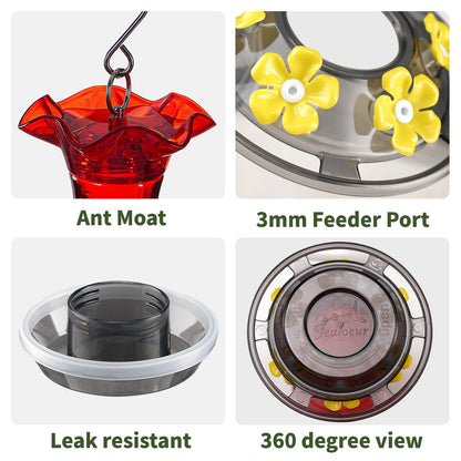 Jealoeur Hummingbird Feeder for Outdoors Hanging, 18 OZ Humming Birds Feeders with 6 Bee Guard Feeding Ports & Built-in Ant Moat, Easy to Clean, Durable Outdoor Garden Decor (Red 1 Pack-C)