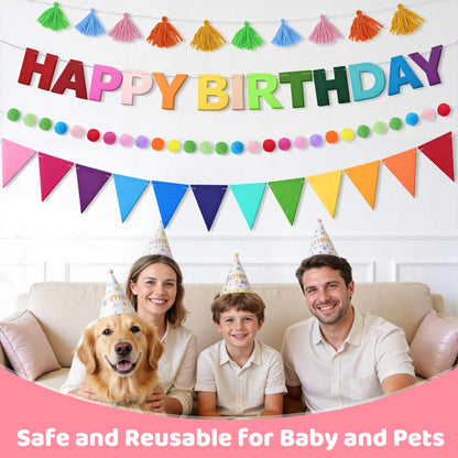4Pcs Felt Pre-Strung Happy Birthday Banner, Handmade Wool Felt Ball Garland, Triangle Flags, Decorations for Kids Adults Party Supplies, Rainbow Party Decorations Fireplace Mantel Wall Window