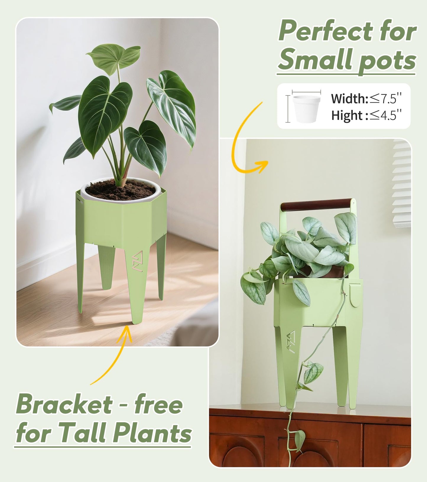 AZADESJET Planter with Stand, Metal 2 in 1 Portable Planter with Grow Bags & Handle, Stable Stylish Indoor Plant Pots with Stand, Modern Flower Pots Outdoor, 7.5'' x 17.3'', Green, Plant Not Included