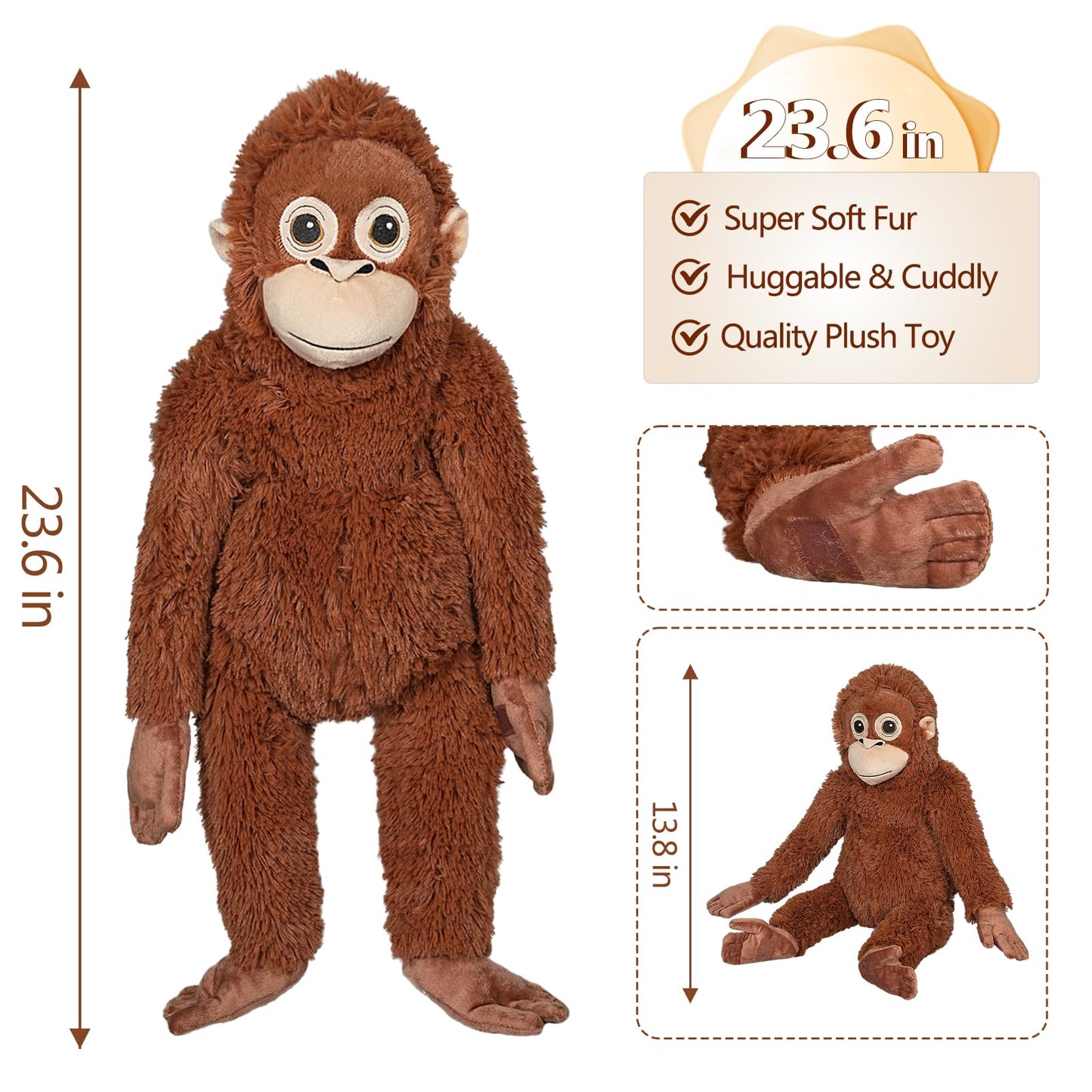 Fluffypals Punch Monkey Plush - 23.6 Inch Punch The Monkey Stuffed Animal, Hanging on Bags or Neck Orangutan Plush, Great Gift for Boys Girls Kids Fans