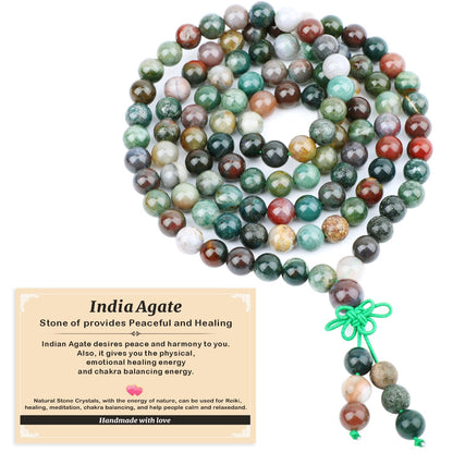 AD Beads 8mm 108 Prayer Mala India Agate Elastic Bracelet - Provides Peaceful and Healing - Handmade Yoga Meditation Healing Power Energy Gifts for Unisex Adult.
