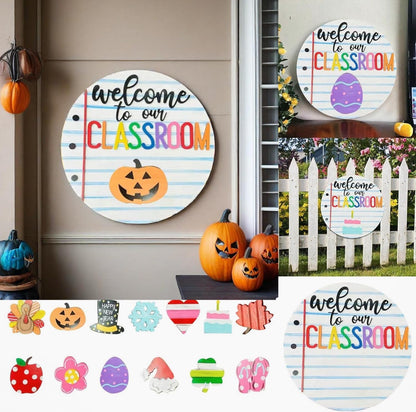 Welcome to Classroom Front Door Decoration Sign, Seasonal Door Sign,- Interchangeable Wooden Plaque for Classroom/Home, DIY Wall Decor for Christmas Holidays & Back-to-School,13 Patterns
