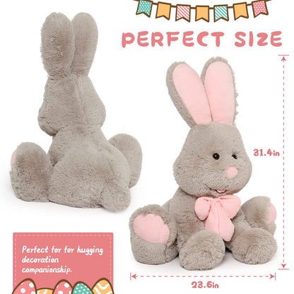 MorisMos Giant Bunny Stuffed Animal, 31.5'' Large Grey Rabbit Plush Toy with Pink Ears, Soft Toy for Girls/Boys, Ideal Gift for Easter, Halloween, Christmas, Cuddling, Snuggling