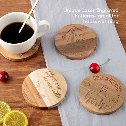 WLWNWFT Wood Coasters for Drinks Tabletop Protection with Holder Set of 6, Acacia Wooden Coaster for Coffee Table Dining Table Round with Non-Slip Pad Cup Coaster for Home Christmas Decor 4 Inch