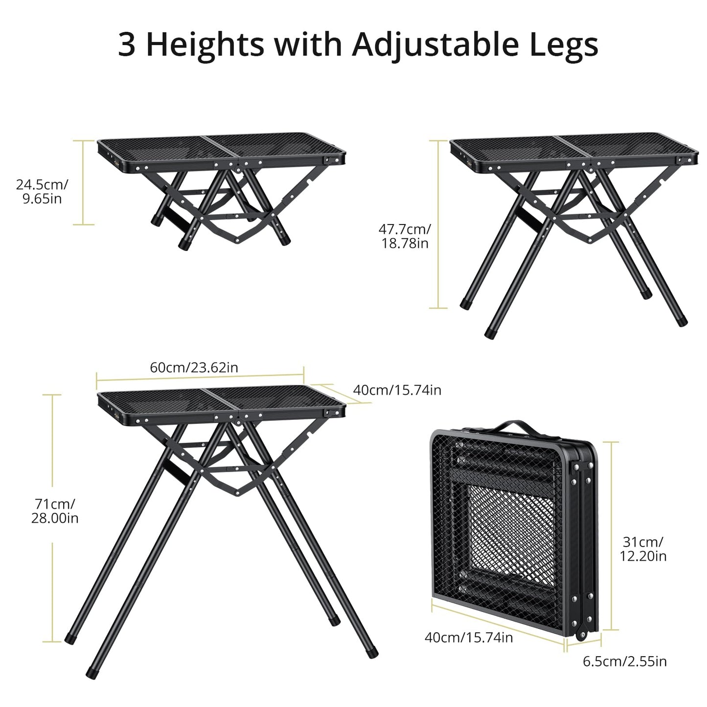 Anbte 2ft Folding Grill Table, Supports 180 Lbs, 2 Adjustable Height 28” Portable Grill Table Heat-Resistant Tabletop, Folding Metal Table for Camping BBQ Cooking Backyard Outdoor, 24" X 16", Black