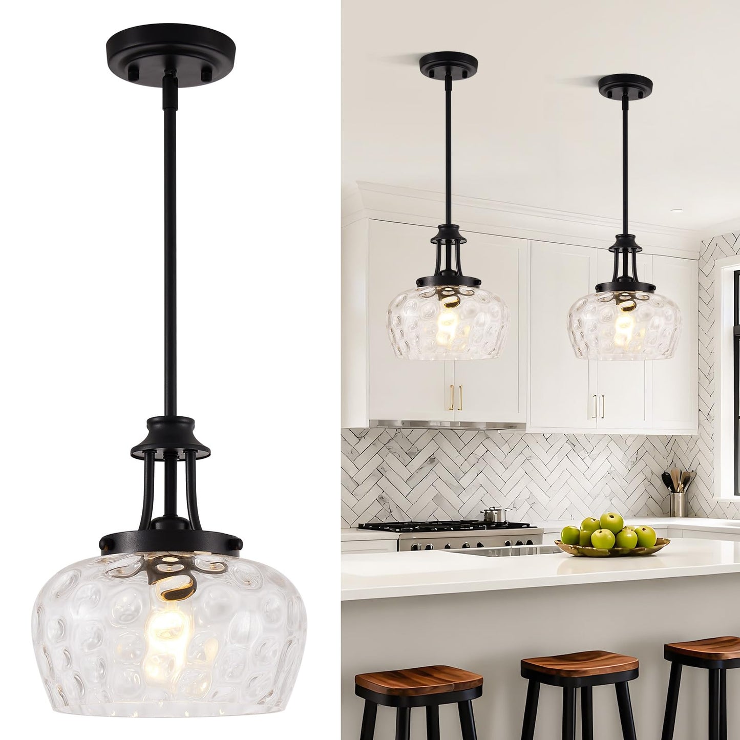 Modern Pendant Lights Kitchen Island, Matte Black Pendant Light Fixtures with 10" Clear Hammered Glass Shade, Industrial Hanging Pendant Lights Fixture for Kitchen Island Dining Room Bedroom Entryway