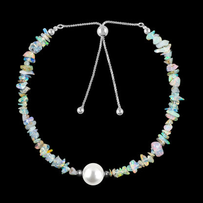 Crystals for Calm - Natural Ethiopian Opal Beads Slider Bracelet with Elegant Pearl, High Grade Nuggets Crystal, Chakra Healing Gemstone, Gift Giving Women Jewelry, Silver Plated Slider 10 inch