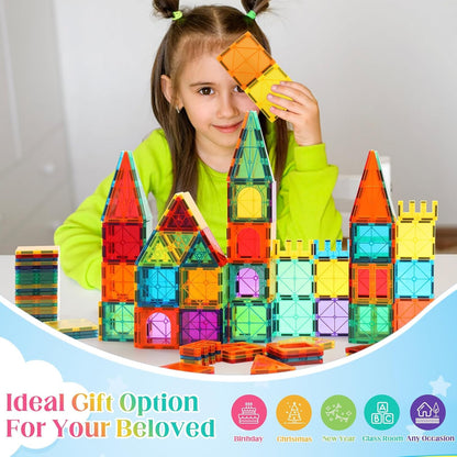 OugerToy 104PCS Magnetic Tiles STEM Building Blocks for Kids Ages 3-9, Educational Stacking Toys with Car Bases, Creative Construction Gift for Boys Girls