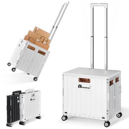 Dkenicor Folding Utility Cart, Portable Rolling Crate Handcart Collapsible Shopping Trolley with Lid, Foldable Tool Box Basket with 4 Rotate Wheels for Grocery, Office, Luggage, School - White