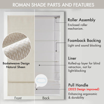 Madison Park Galen Cordless Roman Shade, 34"W x 64"H, Sheen Ivory – Room Darkening, Thermal Insulated, Energy Efficient Window Blind with Subtle Sheen Basketweave Fabric for Privacy