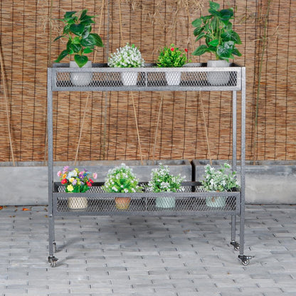 DHYGOTFUR 2-Tier Aluminum Plant Stand Outdoor Indoor with Lockable 360° Wheels & Grid Guardrails, Heavy-Duty Metal Plant Rack Anti-Fall, Mobile Display Shelf for Patio Garden Balcony Lawn