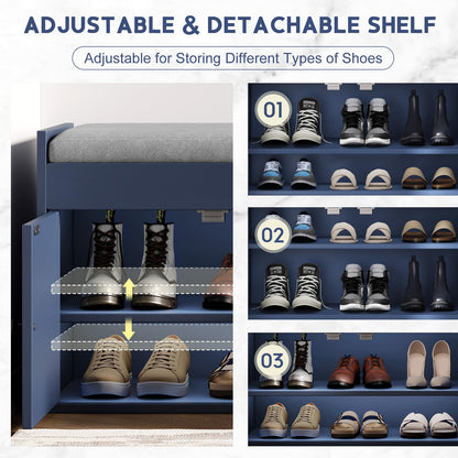 HOTAMO 42.6" Storage Bench - Entryway Shoe Bench with Side Storage Shelves and 3 Doors, Multifunctional Entryway Bench with Lift Top Cushion, Shoe Storage Bench for Bedroom, Living Room, Blue