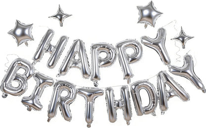 Silver Happy Birthday Banner Balloon Aluminum Foil 16 Inch Letter,10 Inch Five Pointed Star Four Pointed Star Suitable for Kids, Men, Women, Boys and Girls Party Decoration Supplies