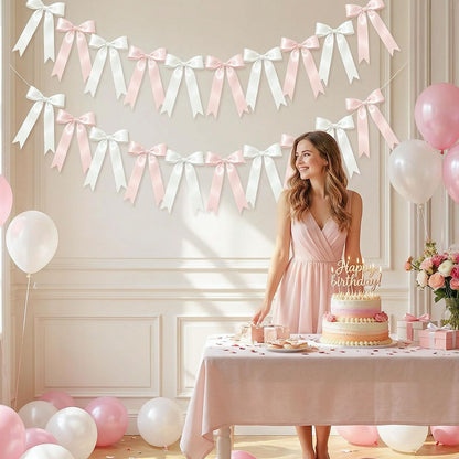 NatNarr 2 Pcs White and Pink Bow Garland, Satin Ribbon Valentines Day Decorations Pre-Strung Bow Garland Party Banner for Wedding Birthday Baby Bridal Shower