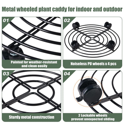 6 Packs 14 Inches Large Metal Plant Caddy with Wheels Rolling Plant Stands Heavy-duty Wrought Iron Plant Roller Base Pot Movers Plant Saucer on Wheels Indoor Outdoor Plant Dolly with Casters Planter Tray