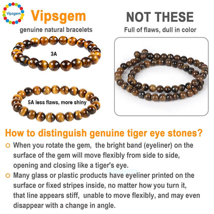 Vipsgem Tiger Eye Bracelet Genuine Natural Mens Bracelet For Men Unisex 8mm 10mm 12mm Medium Large Sizes Premium Black Obsidian Gift Waterproof Jewelry Set
